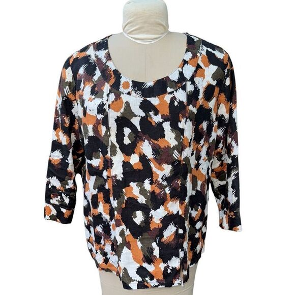 Hot Cotton 100% Linen Abstract Print Top Sz. XL 3/4 Sleeves Boxy - Picture 2 of 9